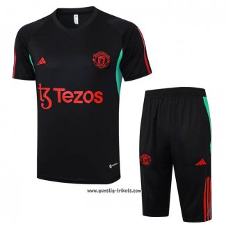 Trainingsanzug Manchester United Kurzarm 2023-2024 Schwarz - Kurze Hose