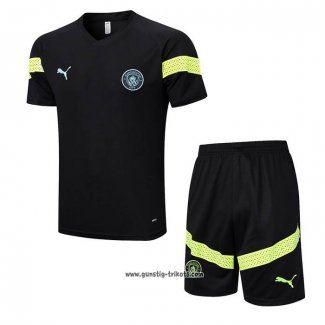 Trainingsanzug Manchester City Kurzarm 2022-2023 Schwarz - Kurze Hose